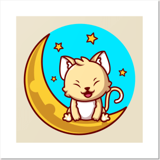 Cute Cat Sitting On Sickle Moon With Stars Cartoon Posters and Art